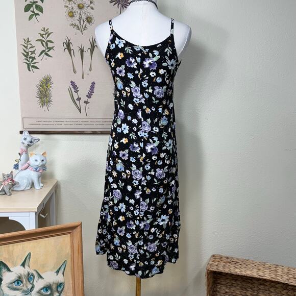 Vintage 90s Y2k Black Floral Sleeveless Dress Cottagecore Prairie 10 Girls - Picture 2 of 4